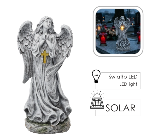 Anioł z krzyżem LED na zasilanie solarne 50,5 cm