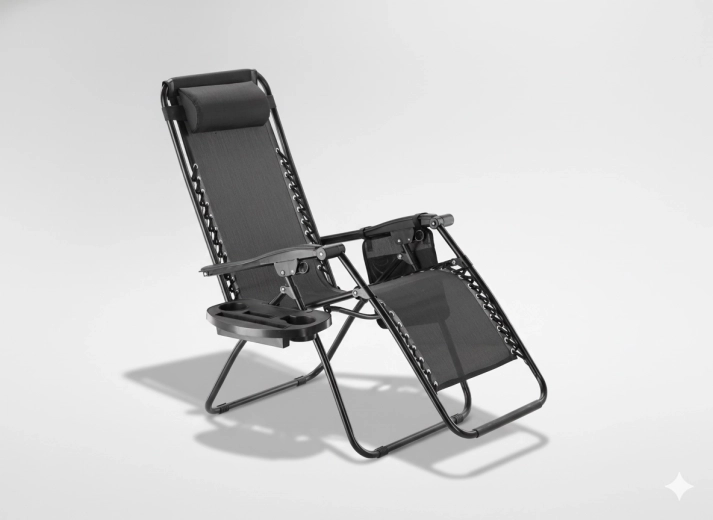 Składane ogrodowe leżak z tacką, kieszenią i poduszką – czarne