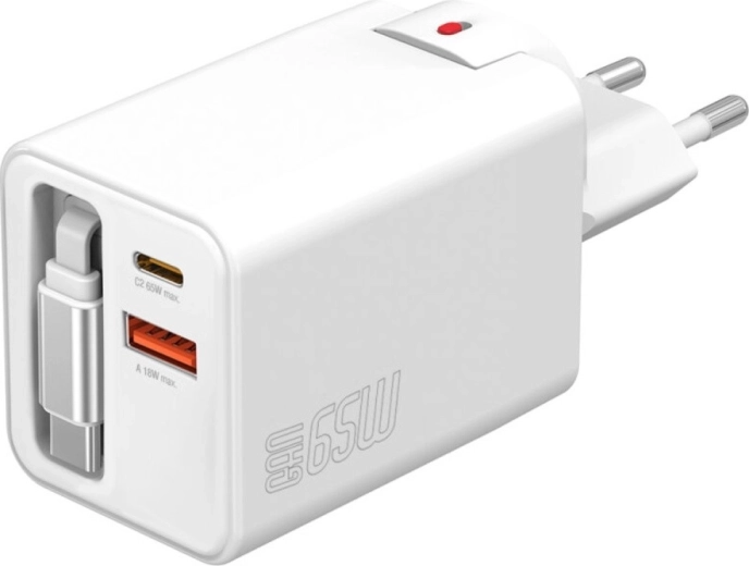 Ładowarka sieciowa GaN 65 W z wysuwanym kablem, 2× USB‑C + USB‑A, biała