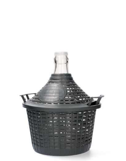 Szklany gąsior 5 l z wąską szyjką i plastikowym koszem