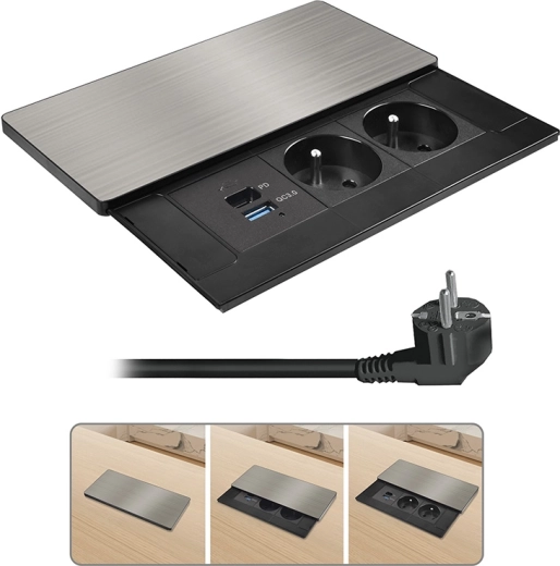 Solight wbudowany blok gniazd z przesuwną osłoną, 2× 230 V, USB-A + USB-C 20 W PD, 2 m, srebrny
