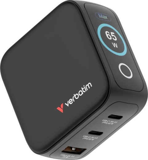 Verbatim mini ładowarka GaN 65 W z wyświetlaczem TFT, 2× USB‑C i 1× USB‑A, EU/UK/USA