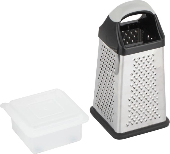 Nierdzewna czterostronna tarka z plastikową rączką i pojemnikiem