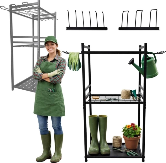 Metalowy stojak na narzędzia ogrodowe z hakami i półkami LUARO