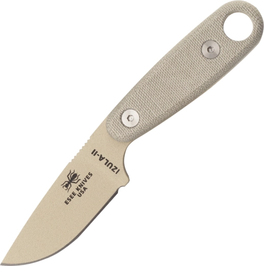 ESEE Izula II DT – nóż na szyję 7,3 cm, pustynny brąz, Micarta, czarna pochwa