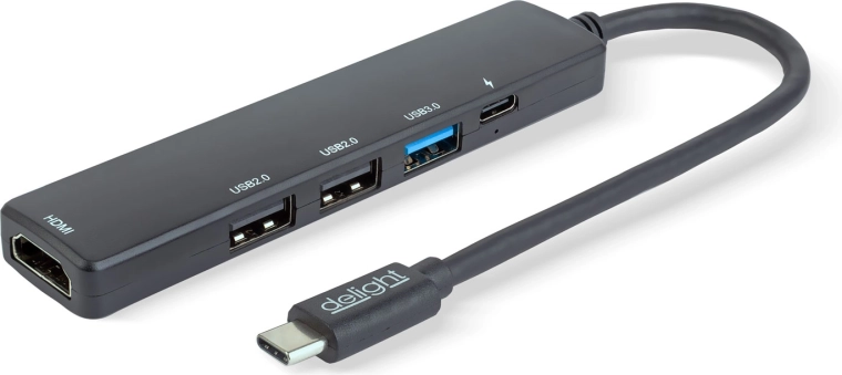 Wielofunkcyjny hub USB-C z HDMI, 3× USB-A i USB-C, 100 W, czarny