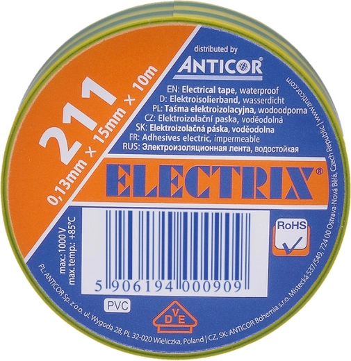 Solight elektroizolacyjna taśma izolacyjna 15 mm × 0,13 mm × 10 m żółto-zielona