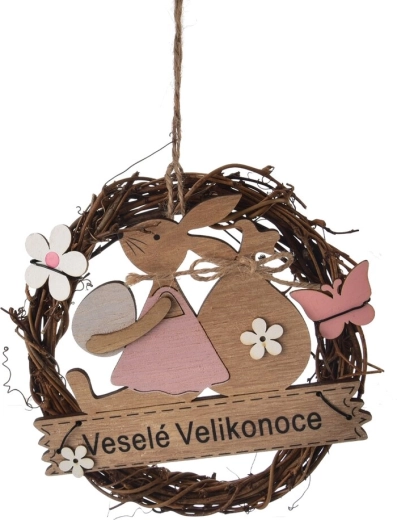 Dekoracyjny wielkanocny wianek z wikliny i drewna „Wesołych Świąt Wielkanocnych” 15 cm