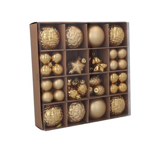 Zestaw 60 ozdób choinkowych w kolorach czerwonym, złotym i srebrnym