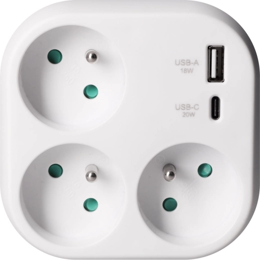 Solight rozgałęźnik z 3 gniazdami i szybkim ładowaniem USB 20 W PD, biały