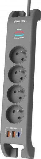 Listwa przeciwprzepięciowa 2 m, 4 gniazda, 1× USB‑C, 2× USB‑A, PD 20 W / QC 18 W, 2400 J – Philips