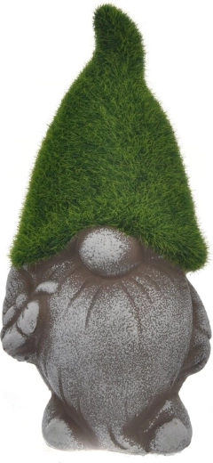 Dekoracyjny ceramiczny skrzat z mchem i motylem, szary 19 cm