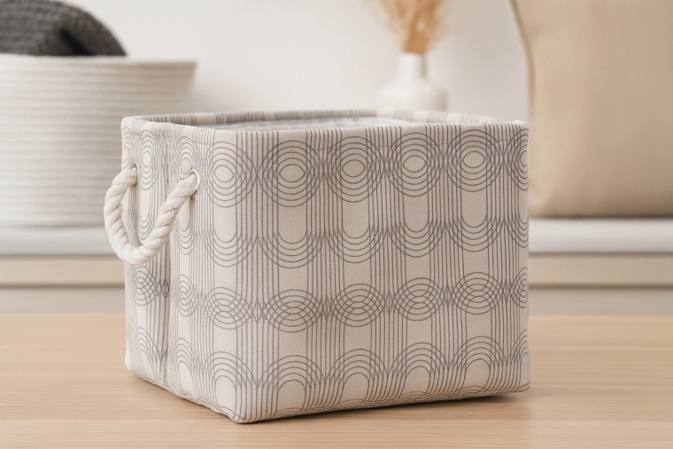 Tekstylny pojemnik do przechowywania 30 × 30 × 24 cm z geometrycznym wzorem i sznurowymi uchwytami