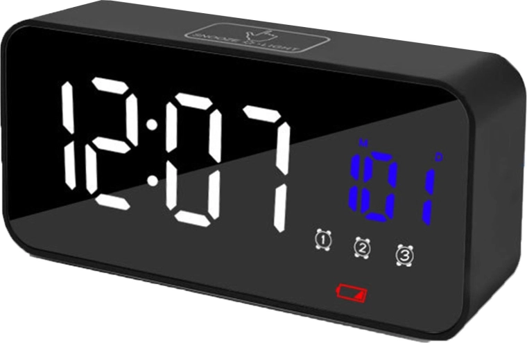 Elektroniczny budzik LED z lustrzanym wyświetlaczem i termometrem - 1 sztuka