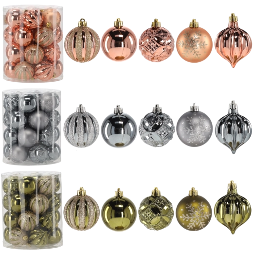 Zestaw świątecznych ozdób 6 cm – oliwkowe, miedziane i grafitowe, 26 szt.