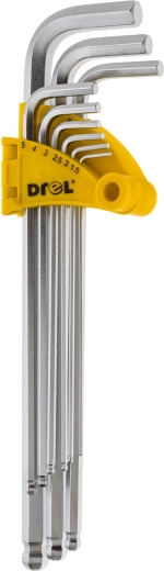 Zestaw długich kluczy imbusowych z kulką 1,5–10 mm, 9 szt. DREL