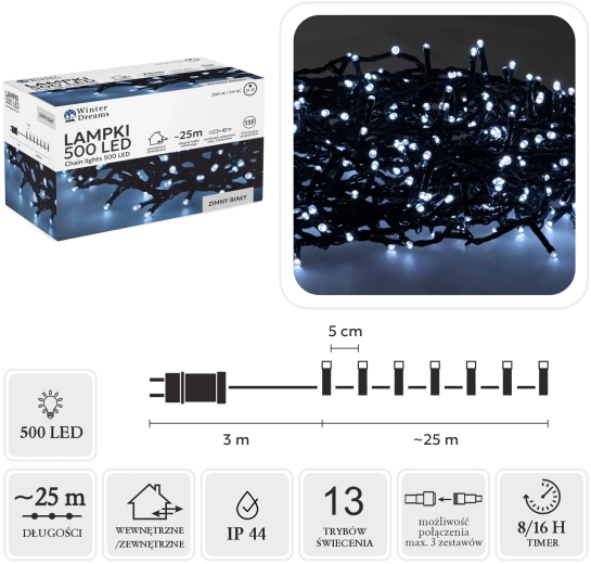 Łańcuch świetlny LED z 500 diodami, zimna biel, 25 m