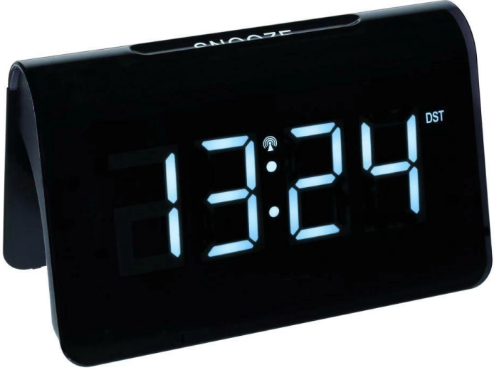TFA ICON cyfrowy budzik sterowany radiowo z dużymi cyframi LED, czarno-biały