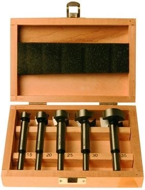 Zestaw wierteł do drewna typu Forstner 15–35 mm w drewnianym pudełku, 5 szt.