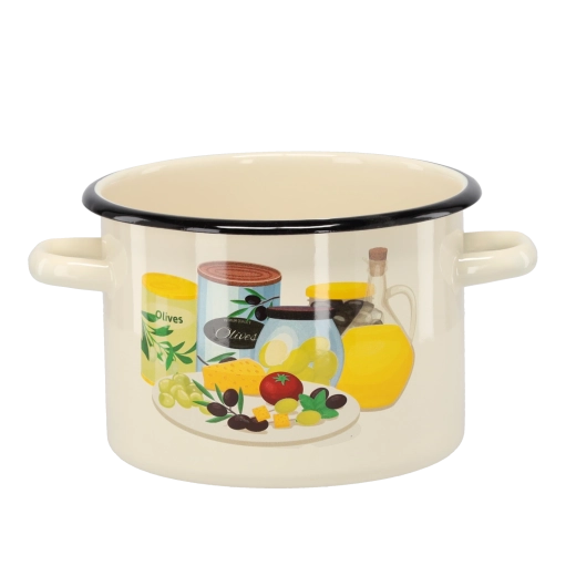 Emaliowany garnek 3 l, średnica 18 cm, kremowy z oliwkowym motywem