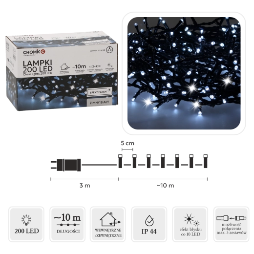 Łańcuch LED 200 LED zimna biel z miganiem, 10 m, do wnętrz i na zewnątrz