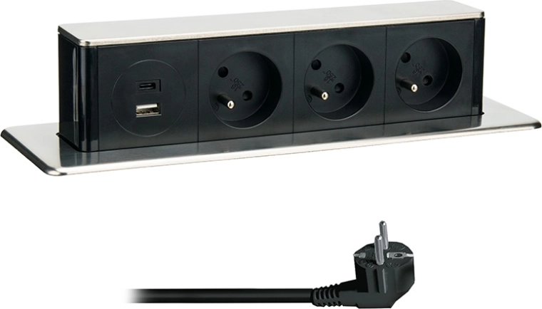 Solight wysuwany blok gniazd 3× 230 V + USB-A/USB-C 20 W PD, 2 m, nierdzewny