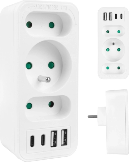 Rozgałęźnik sieciowy MACLEAN z 1x Schuko, 2x Euro oraz 2x USB-A + 2x USB-C, biały