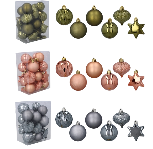 Zestaw 23 bożonarodzeniowych ozdób w kolorach oliwkowym, miedzianym i grafitowym