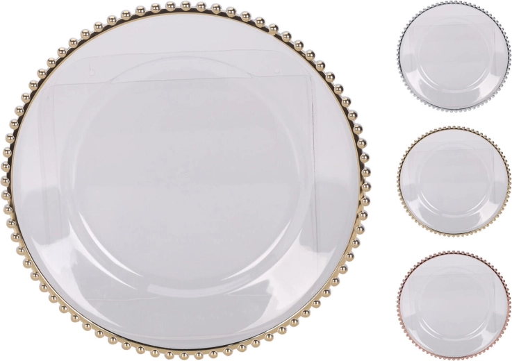 Talerz plastikowy 33 cm z kolorową lamówką, transparentny