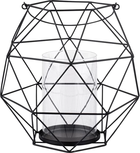 Czarny metalowy świecznik z uchwytem i szklanym wkładem w geometrycznym designie 22 × 22 × 22 cm