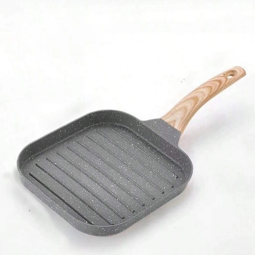 Kwadratowa patelnia grillowa z nieprzywierającą powłoką i uchwytem w wyglądzie drewna
