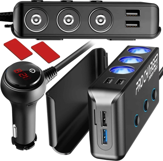 Rozgałęźnik do gniazda zapalniczki samochodowej 200 W z 3 gniazdami i 4× USB (QC 3.0 + PD) z cyfrowym woltomierzem – 1 sztuka