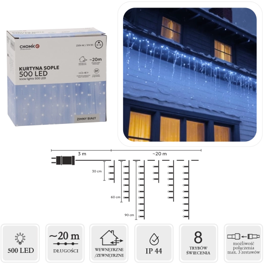 Kurtyna świetlna sople 500 LED zimna biel 23 m