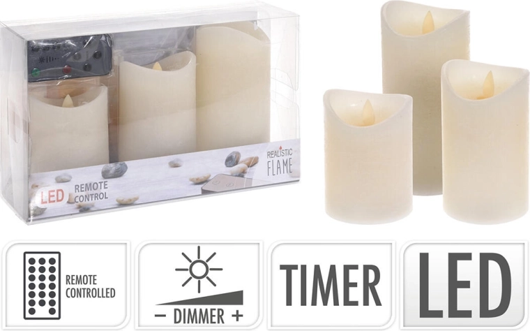 Zestaw świec LED z pilotem i timerem, kość słoniowa (3 szt.)