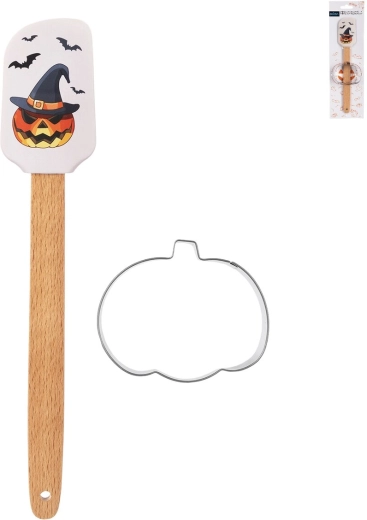 Halloweenowa silikonowa szpatułka kuchenna z drewnianą rączką i foremką do wykrawania dyni