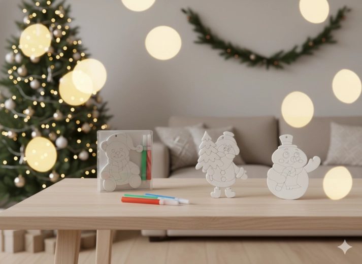 Zestaw świątecznych ozdób do kolorowania z 4 pisakami – bałwanek, miś i Mikołaj