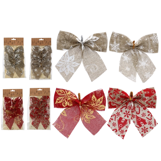 Bożonarodzeniowe kokardy 12 cm, czerwone i naturalne, zestaw 3 szt.