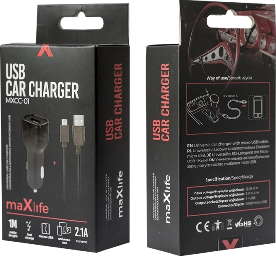 Maxlife ładowarka samochodowa 2,1 A z microUSB, czarna