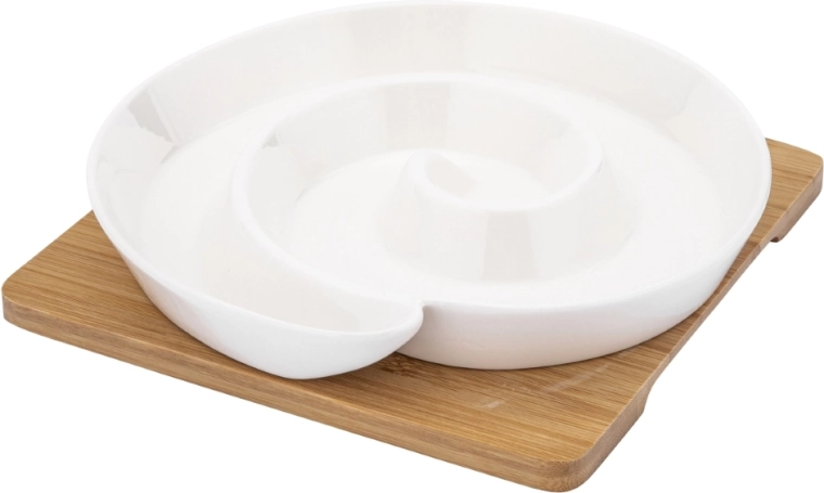 Kremowa porcelanowa dzielona miska do serwowania z bambusową podstawką