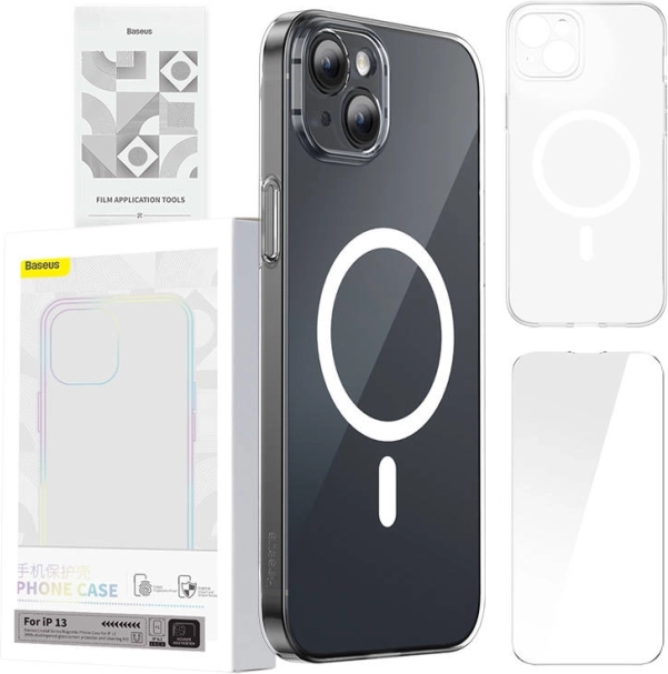 Baseus Magnetic Crystal Clear etui do iPhone 13 z hartowanym szkłem i zestawem czyszczącym