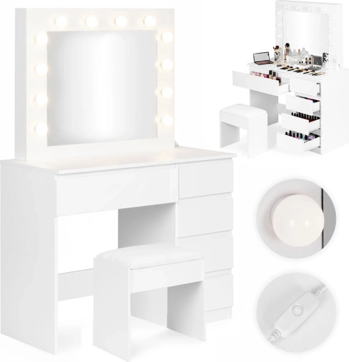 ModernHome nowoczesna toaletka kosmetyczna z lustrem i oświetleniem LED, 5 szuflad i taboret