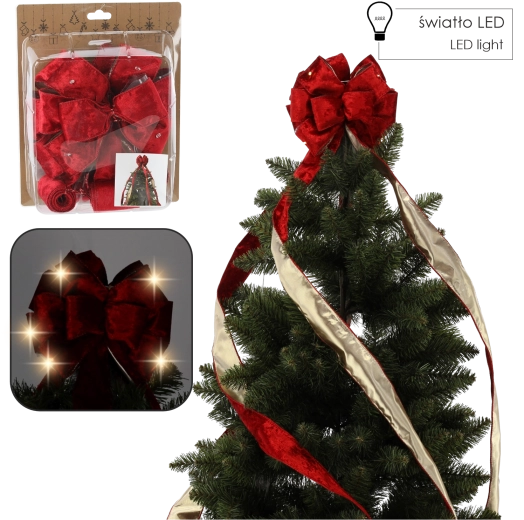 Czerwona aksamitna świąteczna kokarda z oświetleniem LED na czubek choinki 1,8 m