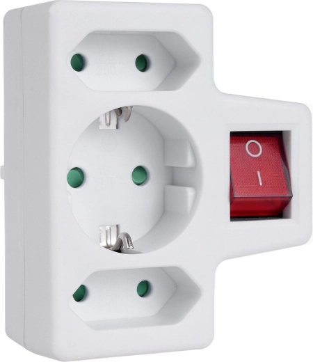 Adapter gniazdkowy 1× Schuko i 2× Euro z wyłącznikiem, 3680 W