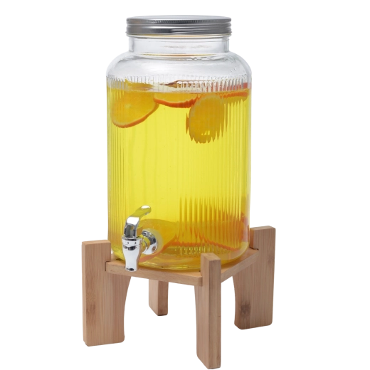 Szklany dyspenser do napojów 5,5 l z drewnianym stojakiem i srebrną pokrywką