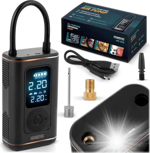 Bezprzewodowy mini kompresor HUMBERG z cyfrowym manometrem i światłem LED
