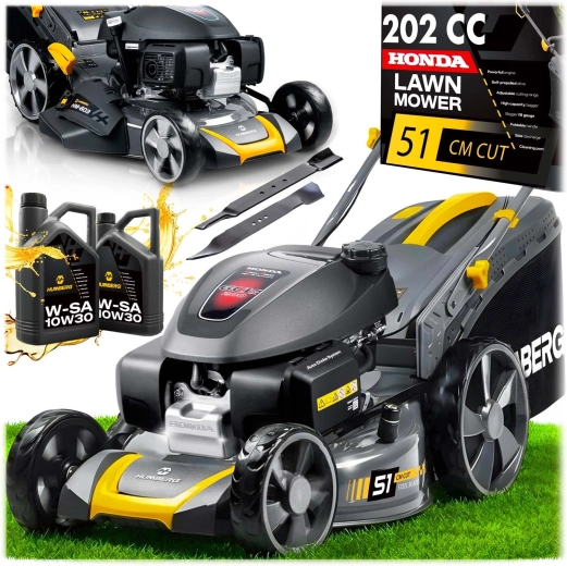 Humberg – benzynowa kosiarka z napędem Honda 202 cm³, szerokość koszenia 51 cm, kosz 70 l + olej