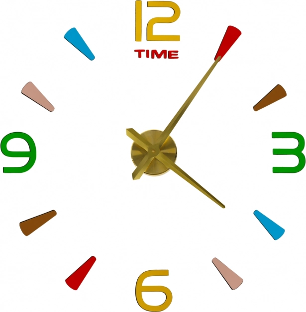 Naklejany zegar ścienny DIY, 80–90 cm, złote wskazówki, kolorowe znaczniki, 4 cyfry