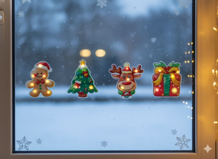 Świąteczna żelowa naklejka LED – ciepła biel, mix motywów