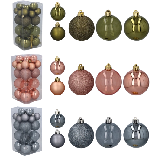 Zestaw 27 ozdób świątecznych w kolorach oliwkowym, miedzianym i grafitowym