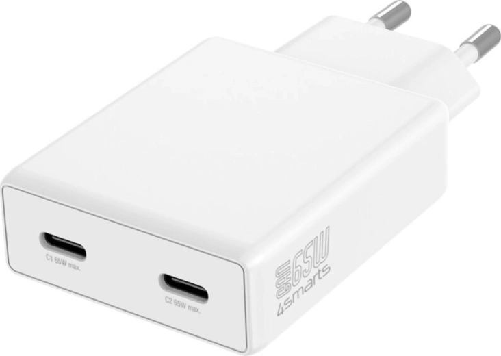 Ładowarka sieciowa PDPlug 65W GaN z dwoma USB‑C, biała